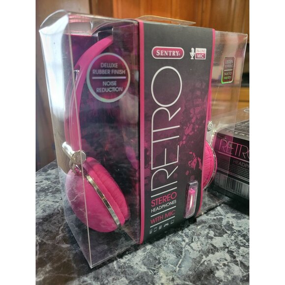 Sentry Retro Stereo Headphones With Inline Mic Noise Reduction Pink Deluxe Rubbe - Picture 2 of 5